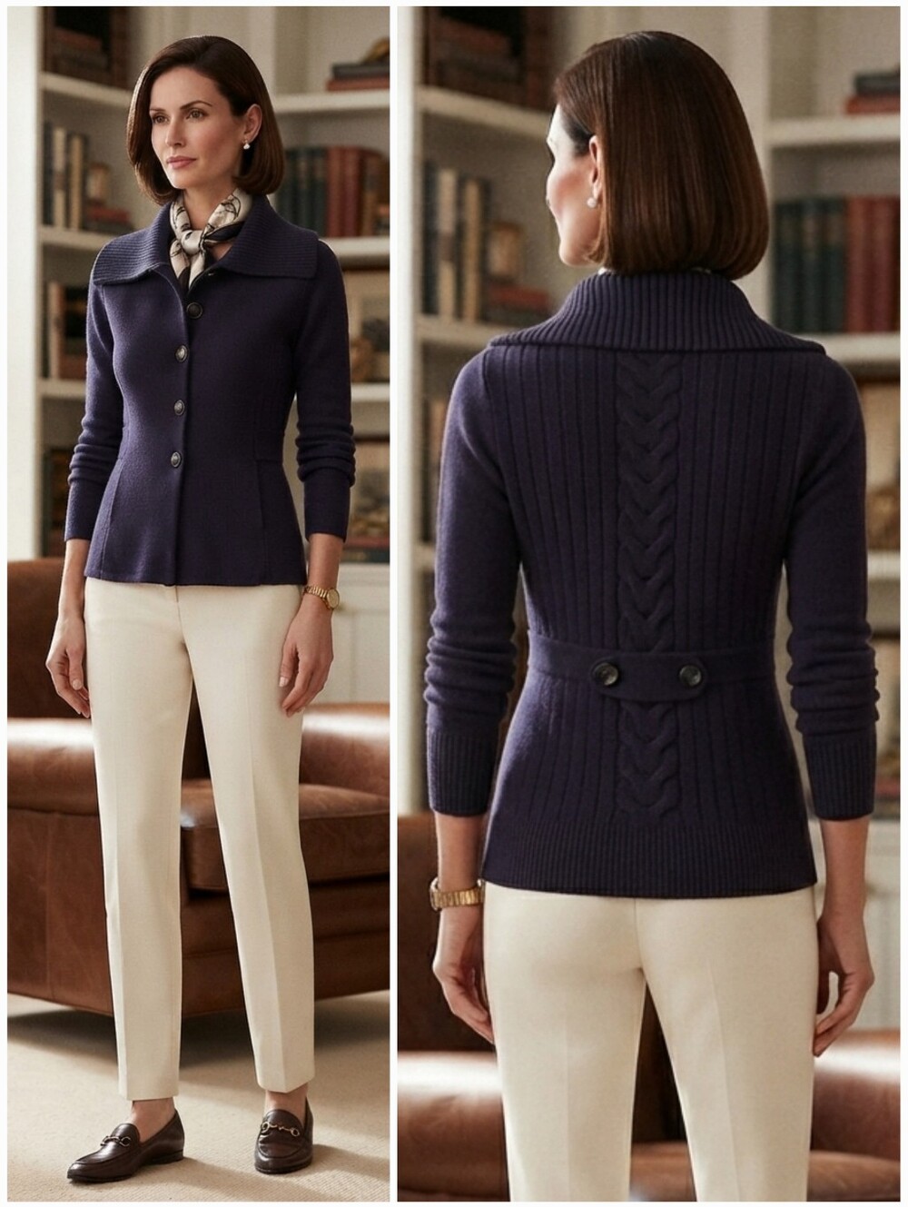 Massimo Dutti S Navy Ribbed & Cable Knit Cardigan Size S Old Money Academia